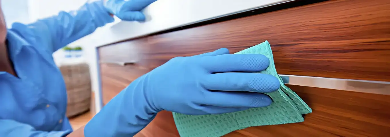 Cleaner wearing blue gloves wiping a wooden cabinet drawer with a microfiber cloth for dust and grime removal, Birmingham, AL.