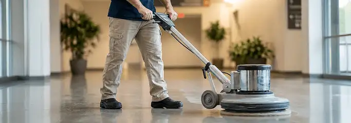 Professional technician using an industrial floor buffer to polish and maintain shiny commercial flooring in a corporate hallway in Birmingham, AL.