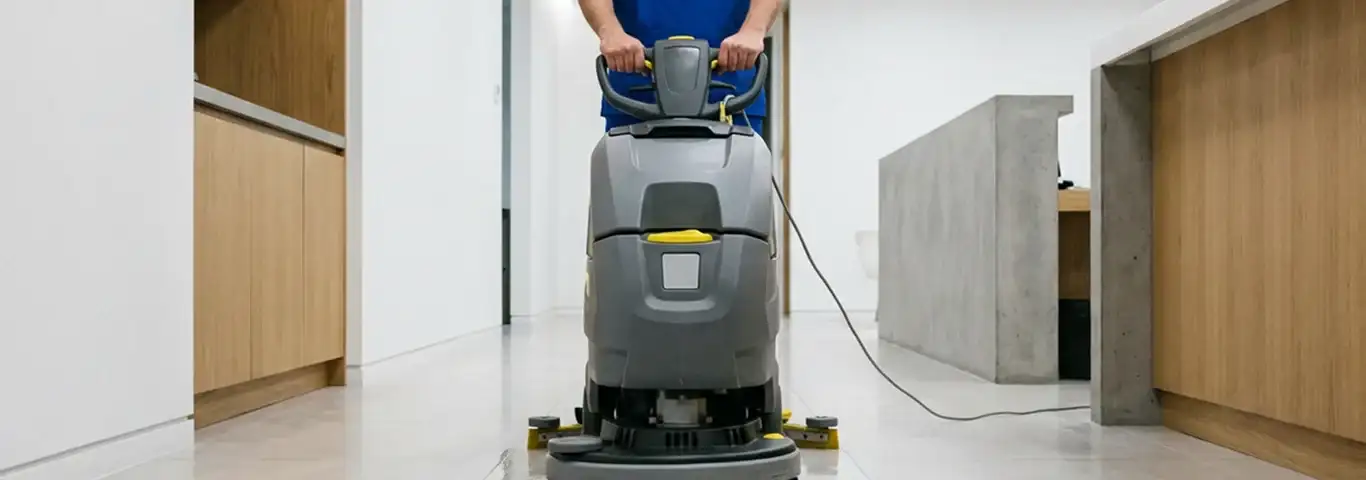 Janitorial staff using a floor scrubber machine to clean a commercial hallway, Birmingham, AL.
