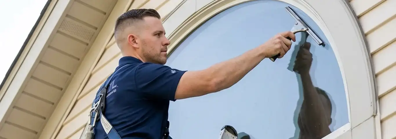 Professional window cleaner using a squeegee to clean an exterior arched window on a home, Birmingham, AL.
