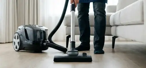 Professional house cleaner vacuuming a living room floor with a canister vacuum cleaner, Birmingham, AL.