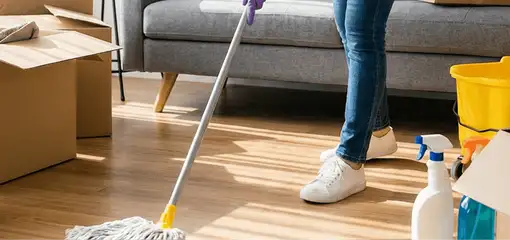 Move-out cleaning setup with a cleaner mopping hardwood floors near moving boxes and cleaning supplies, Birmingham, AL.