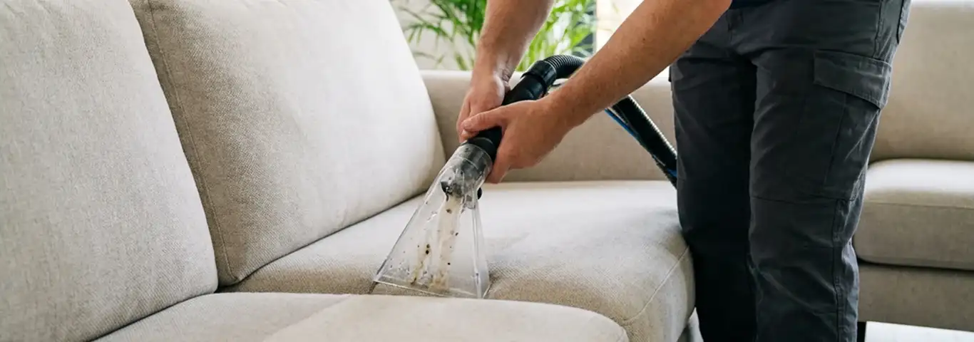 Technician extracting dirt and moisture from a fabric sofa with an upholstery cleaning wand, Birmingham, AL.