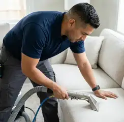 Professional upholstery cleaning technician using an extraction wand to deep-clean a fabric sofa, Birmingham, AL.