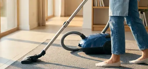 Person vacuuming a living room rug with a canister vacuum cleaner near large windows, Birmingham, AL.